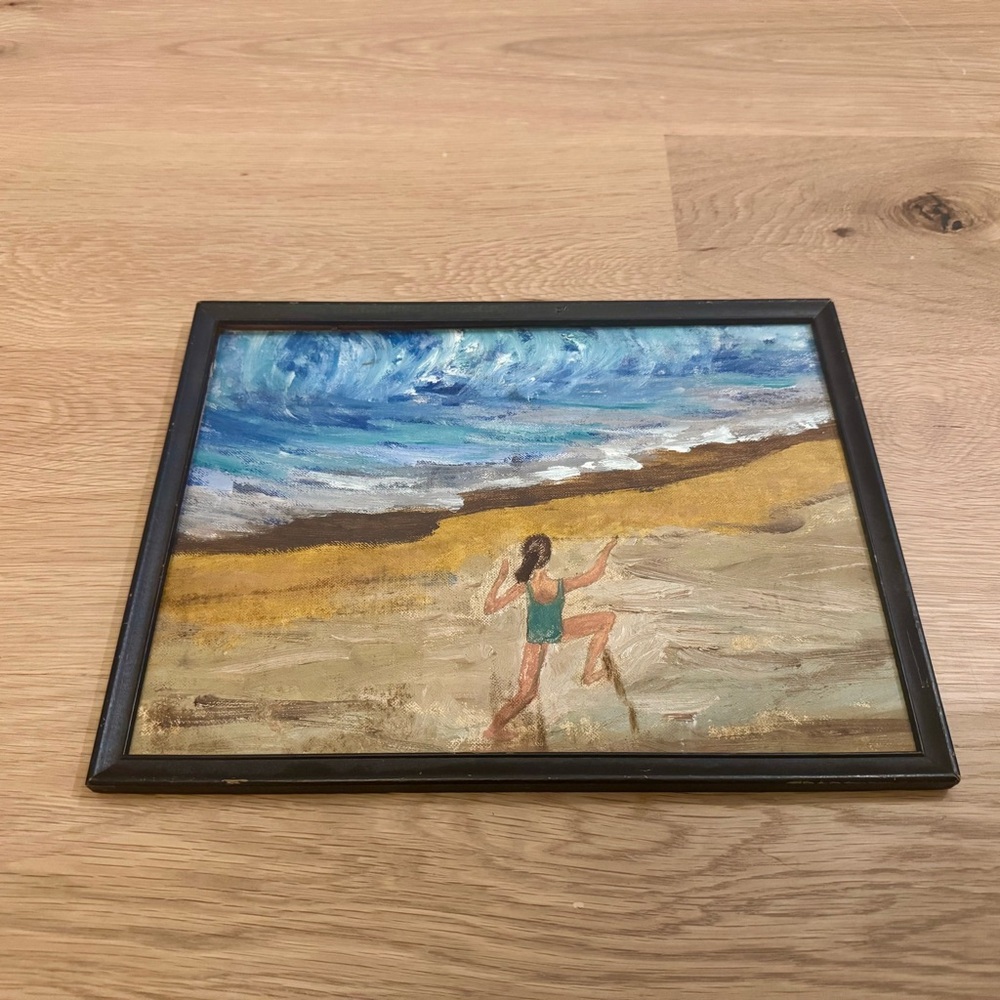 Vintage Oil on board Beach Scene Framed Art with Black Frame